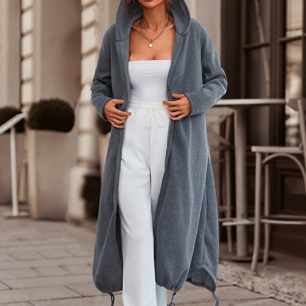 Dark Grey Casual Womens Drop Shoulder Drawstring Hem Zip Up Hoodie
